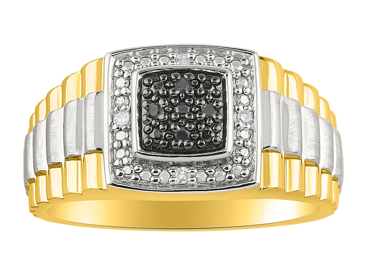 RYLOS Mens Ring with Black and White Diamonds Set in Sterling Silver or 14K Yellow Gold Plated Silver  - Designer Style Sizes 6-13