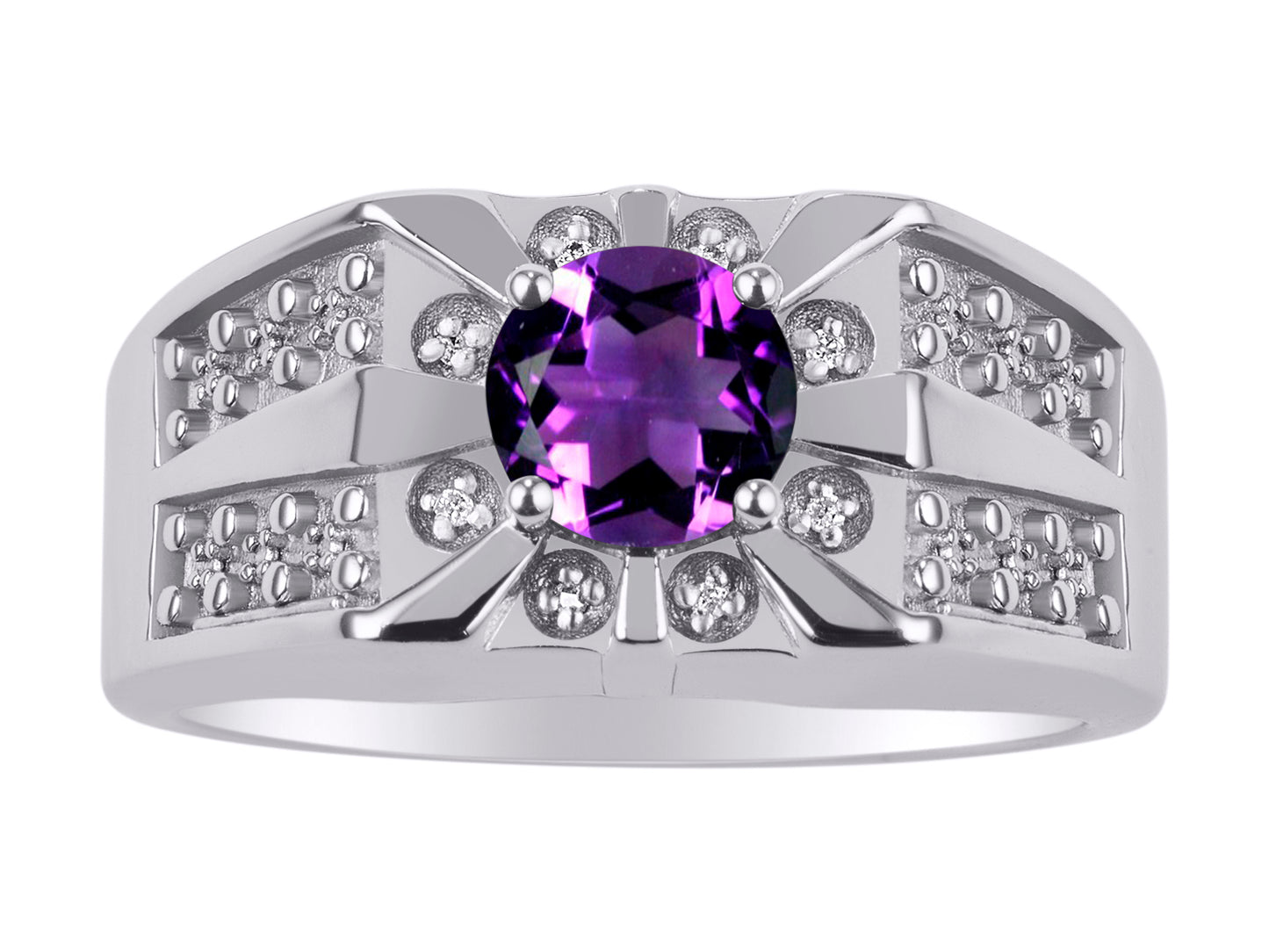 RYLOS Men's Designer Starburst Ring with 7MM Round Gemstone & Diamond Birthstone Rings in Sizes 8-13 in Sterling Silver