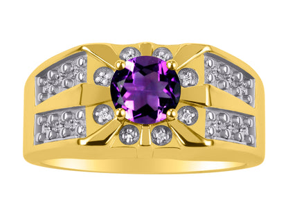 RYLOS Men's 14K Yellow Gold Designer Starburst Ring with 7MM Round Gemstone & Diamond Birthstone Rings in Sizes 8-13