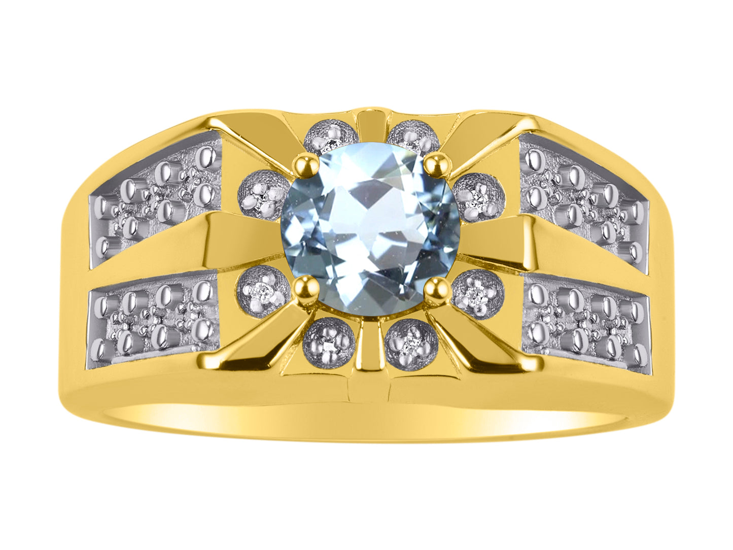 RYLOS Men's Designer Starburst Ring; 7MM Round Gemstone & Diamond Birthstone Rings in Sizes 8-13 Yellow Gold Plated Silver