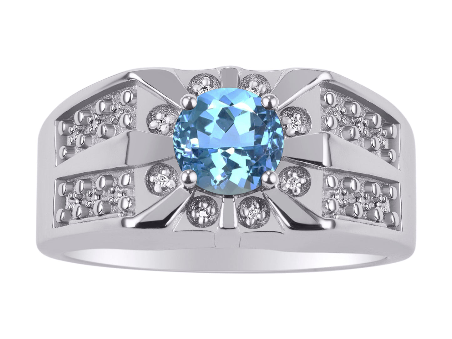 RYLOS Men's Designer Starburst Ring with 7MM Round Gemstone & Diamond Birthstone Rings in Sizes 8-13 in Sterling Silver
