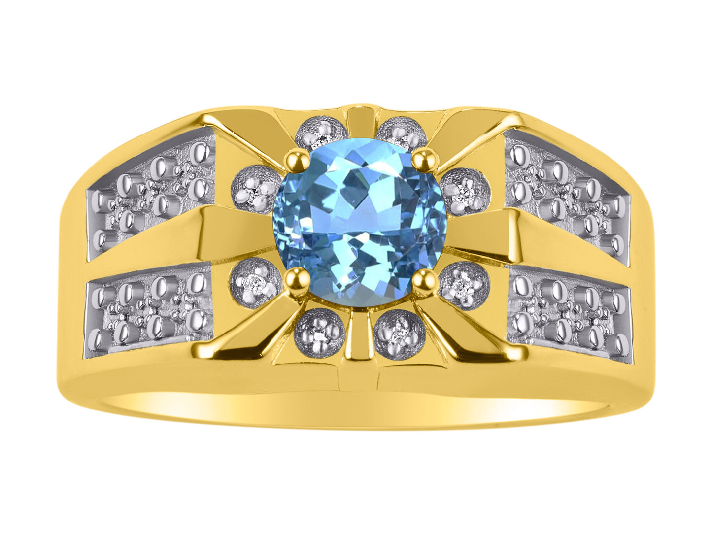 RYLOS Men's 14K Yellow Gold Designer Starburst Ring with 7MM Round Gemstone & Diamond Birthstone Rings in Sizes 8-13