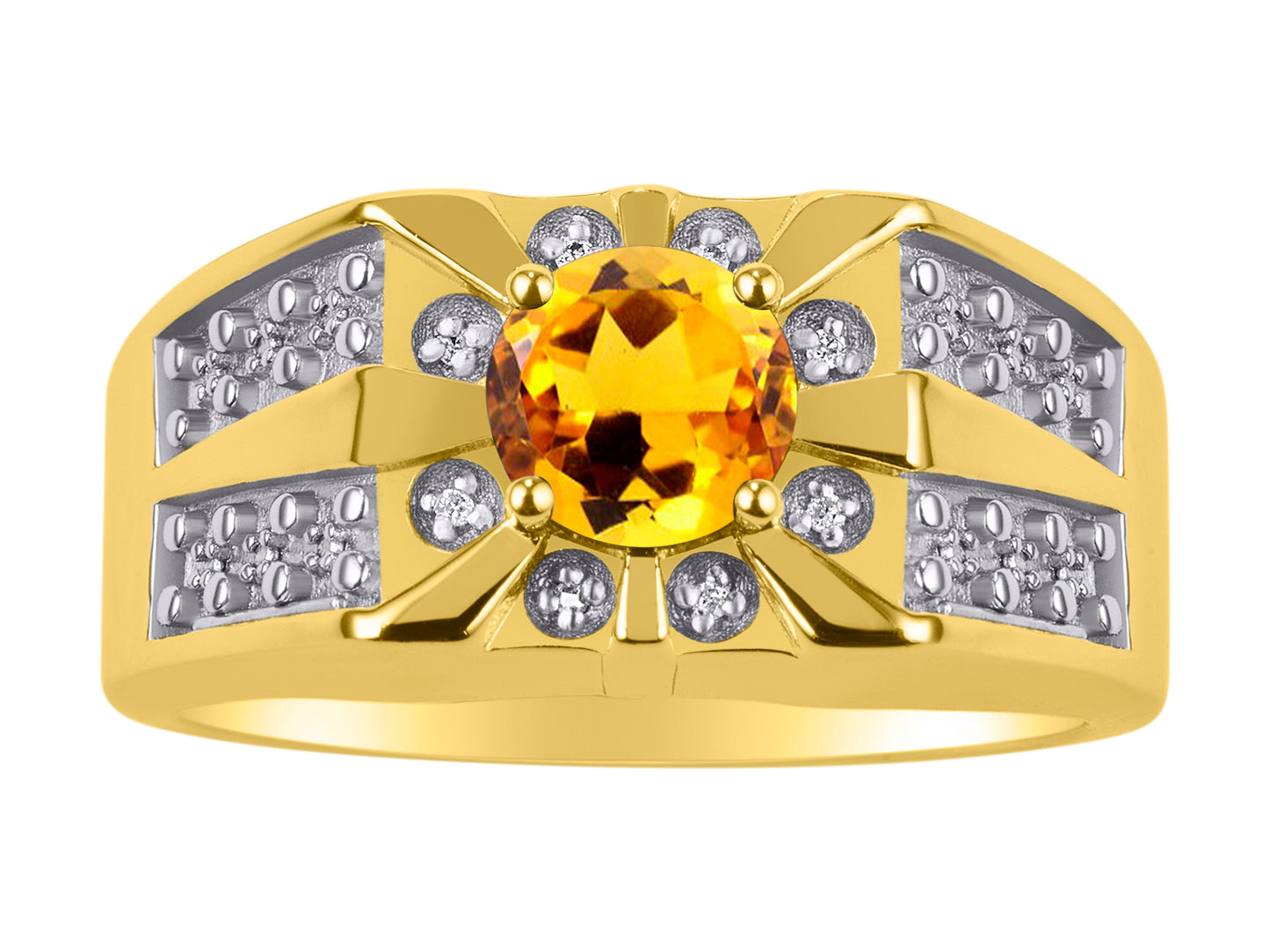 RYLOS Men's Designer Starburst Ring; 7MM Round Gemstone & Diamond Birthstone Rings in Sizes 8-13 Yellow Gold Plated Silver
