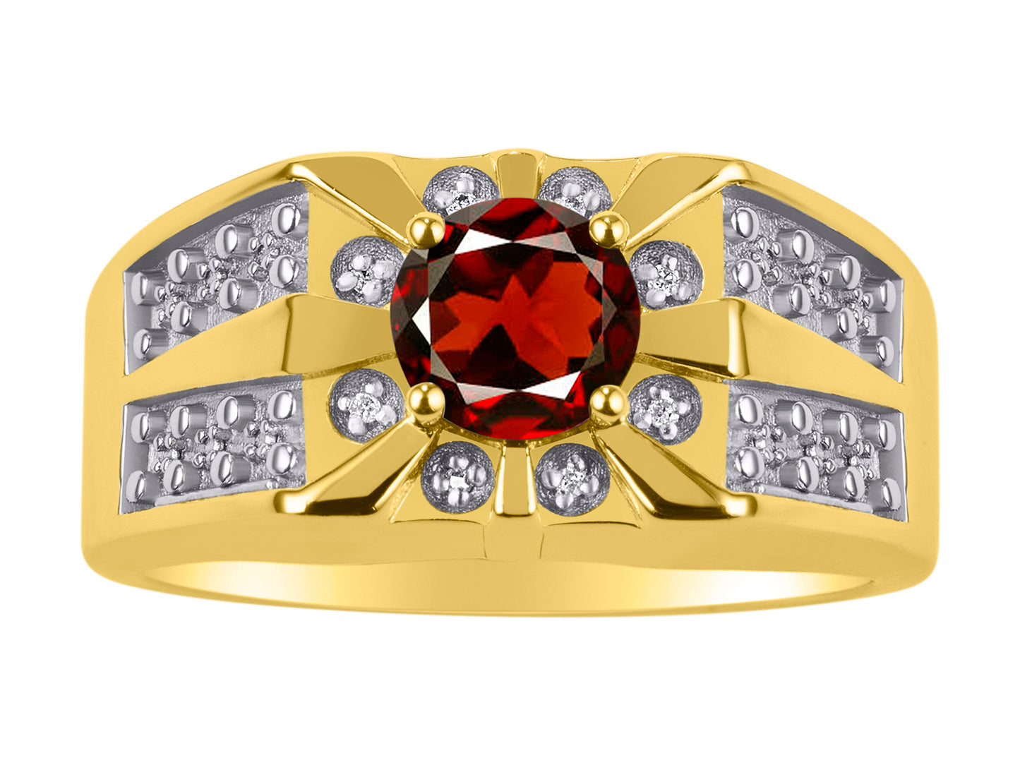 RYLOS Men's Designer Starburst Ring; 7MM Round Gemstone & Diamond Birthstone Rings in Sizes 8-13 Yellow Gold Plated Silver