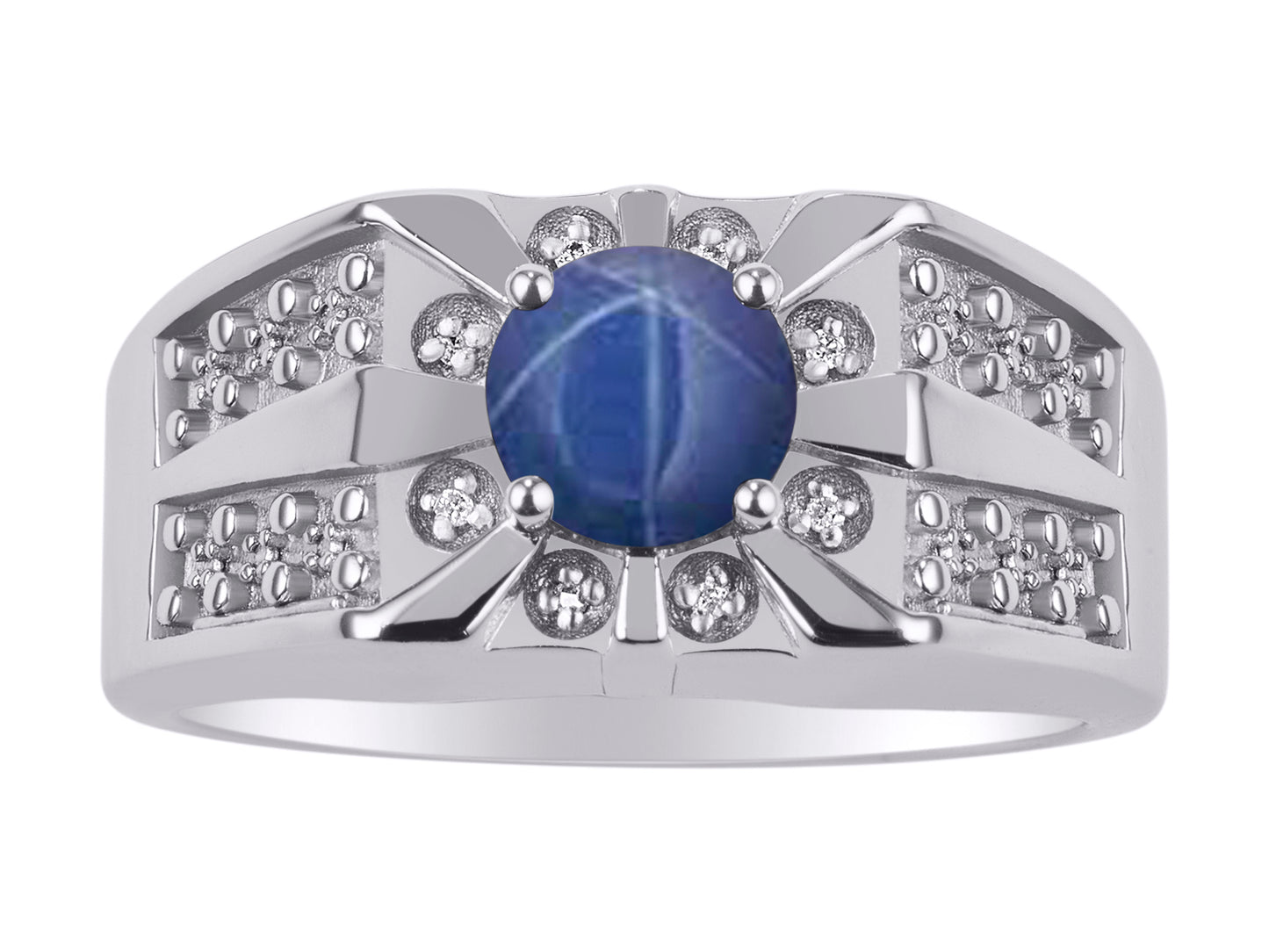 RYLOS Men's Designer Starburst Ring with 7MM Round Gemstone & Diamond Birthstone Rings in Sizes 8-13 in Sterling Silver
