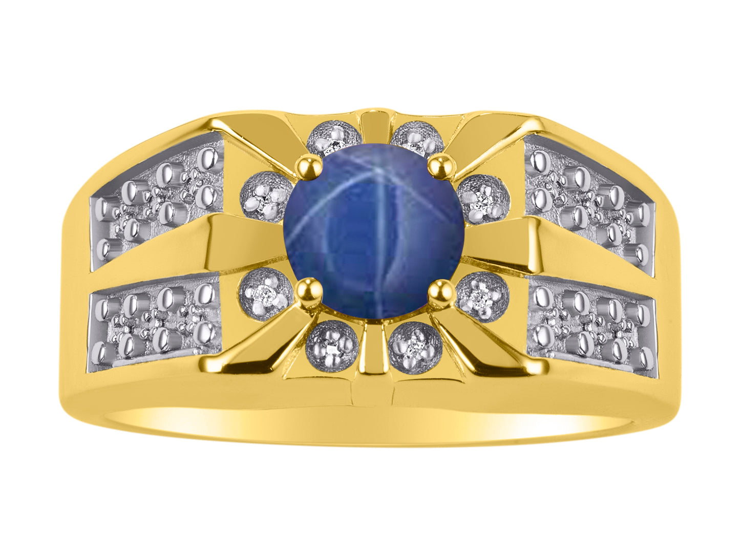 RYLOS Men's 14K Yellow Gold Designer Starburst Ring with 7MM Round Gemstone & Diamond Birthstone Rings in Sizes 8-13