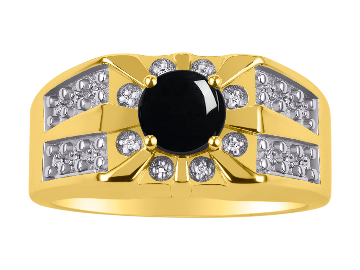 RYLOS Men's 14K Yellow Gold Designer Starburst Ring with 7MM Round Gemstone & Diamond Birthstone Rings in Sizes 8-13