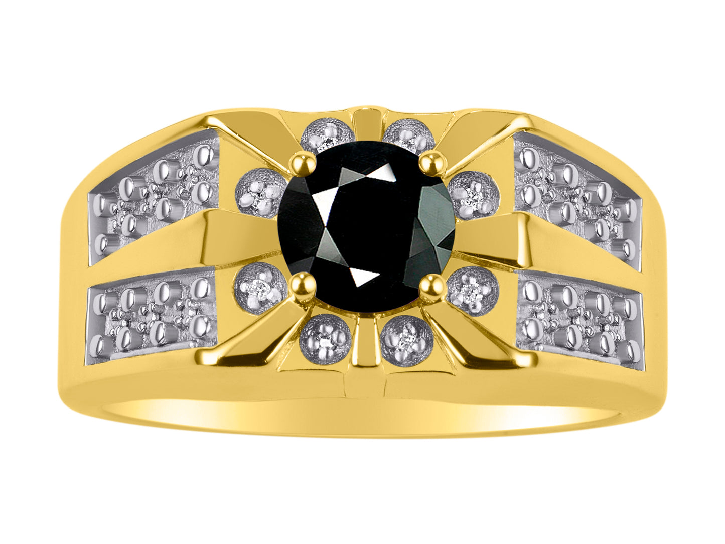 RYLOS Men's 14K Yellow Gold Designer Starburst Ring with 7MM Round Gemstone & Diamond Birthstone Rings in Sizes 8-13