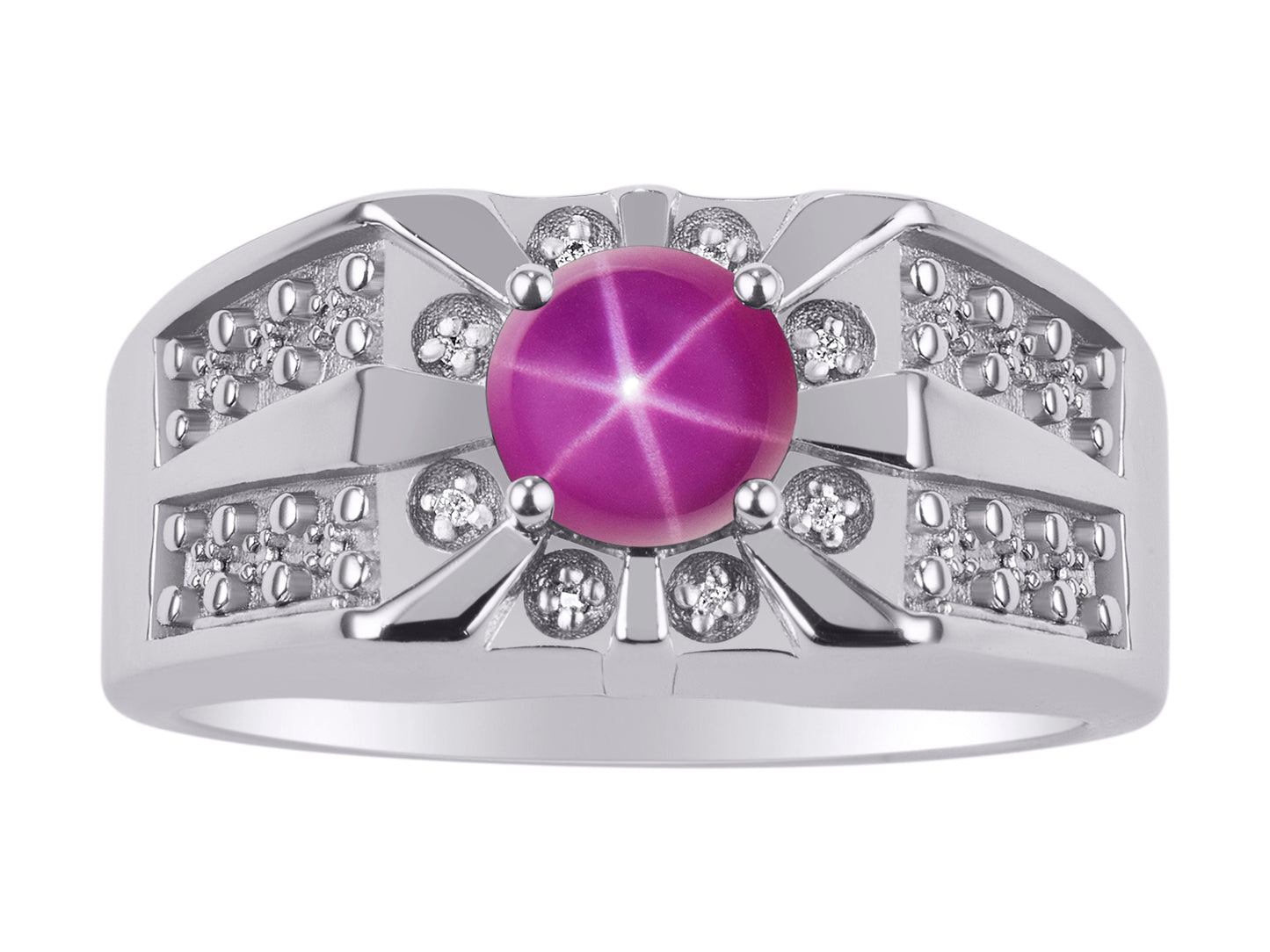 RYLOS Men's Designer Starburst Ring with 7MM Round Gemstone & Diamond Birthstone Rings in Sizes 8-13 in Sterling Silver