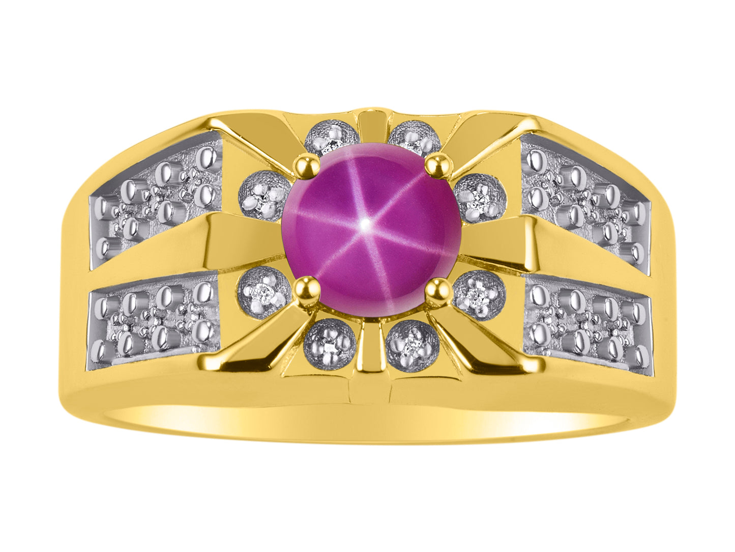 RYLOS Men's Designer Starburst Ring; 7MM Round Gemstone & Diamond Birthstone Rings in Sizes 8-13 Yellow Gold Plated Silver