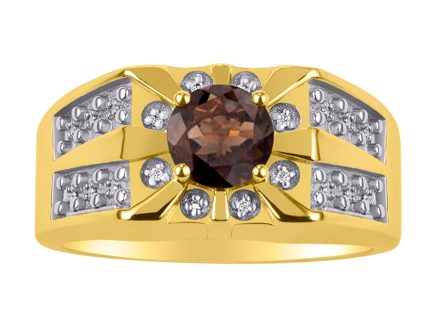 RYLOS Men's Designer Starburst Ring; 7MM Round Gemstone & Diamond Birthstone Rings in Sizes 8-13 Yellow Gold Plated Silver