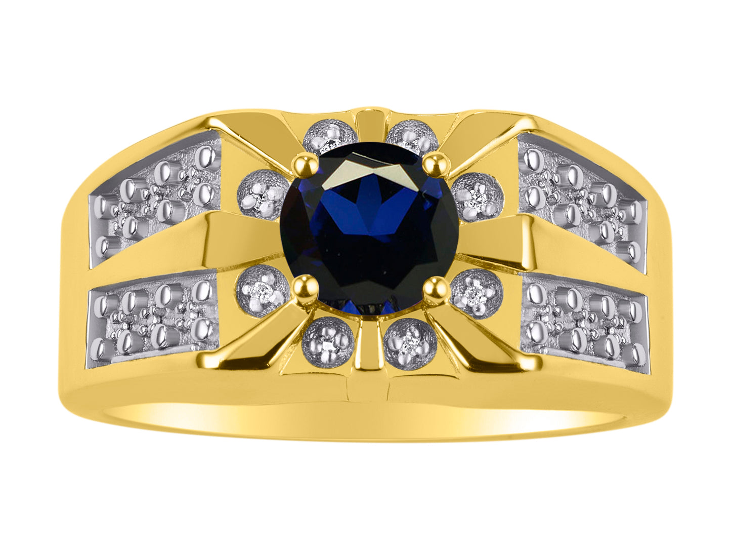 RYLOS Men's Designer Starburst Ring; 7MM Round Gemstone & Diamond Birthstone Rings in Sizes 8-13 Yellow Gold Plated Silver