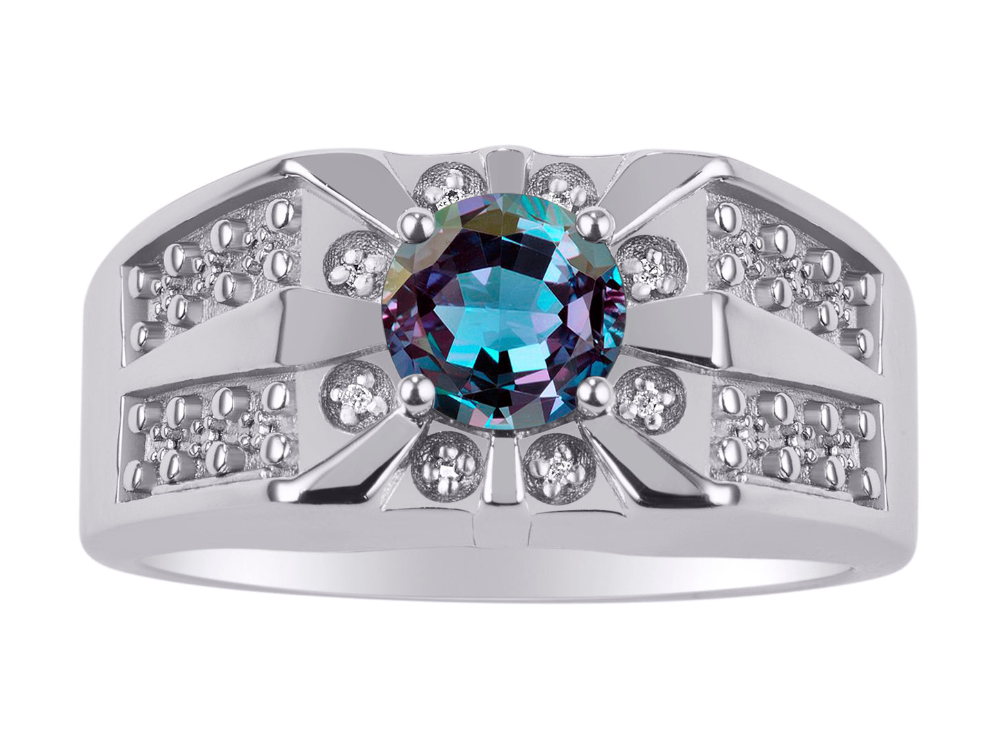 RYLOS Men's Designer Starburst Ring with 7MM Round Gemstone & Diamond Birthstone Rings in Sizes 8-13 in Sterling Silver