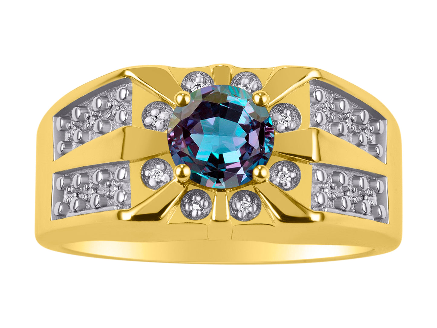 RYLOS Men's Designer Starburst Ring; 7MM Round Gemstone & Diamond Birthstone Rings in Sizes 8-13 Yellow Gold Plated Silver