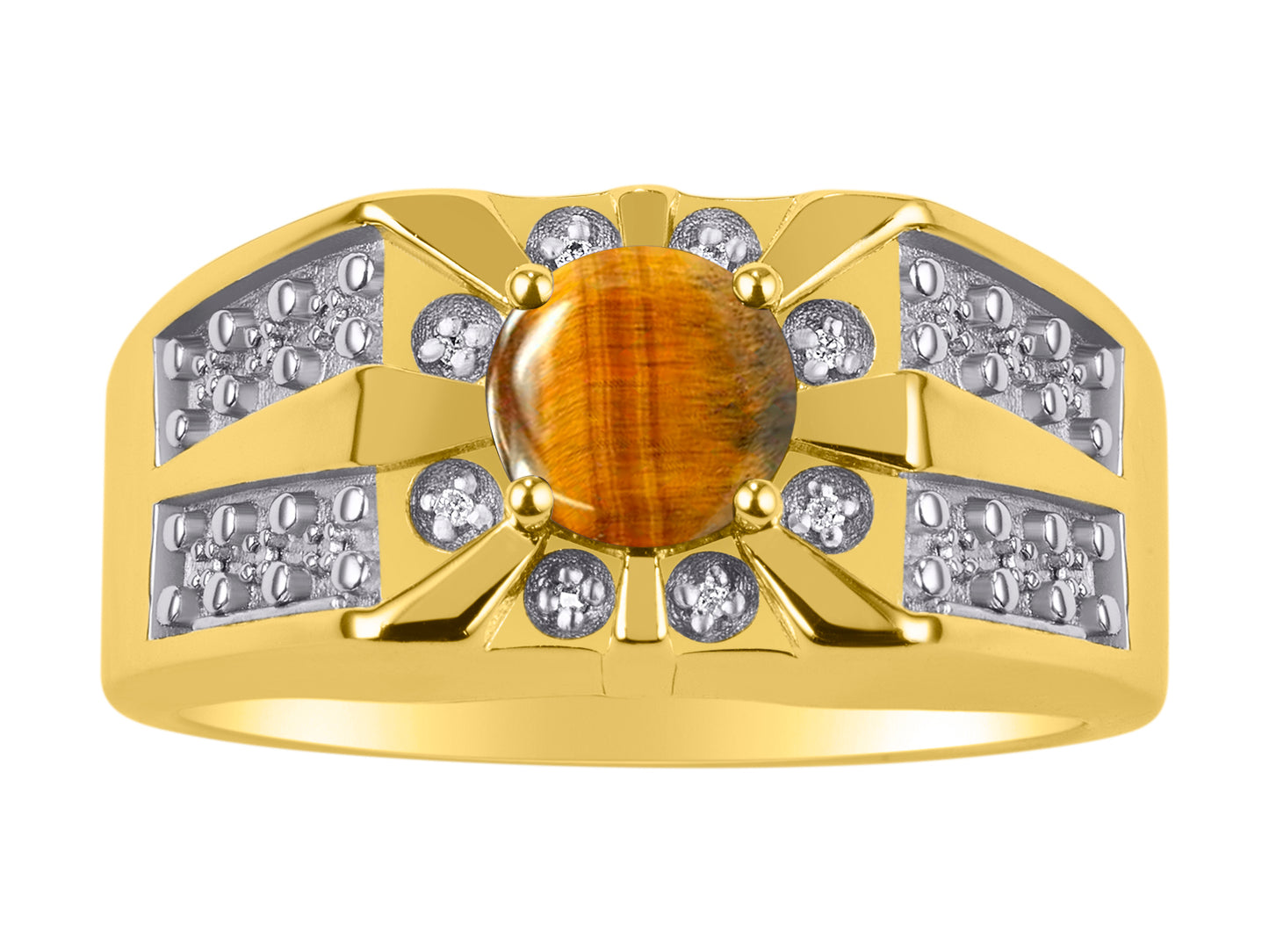 RYLOS Men's 14K Yellow Gold Designer Starburst Ring with 7MM Round Gemstone & Diamond Birthstone Rings in Sizes 8-13