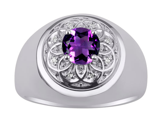 RYLOS Men's 14K White Gold Designer Gypsy Ring with 7MM Round Gemstone & Diamond Birthstone Rings in Sizes 8-13