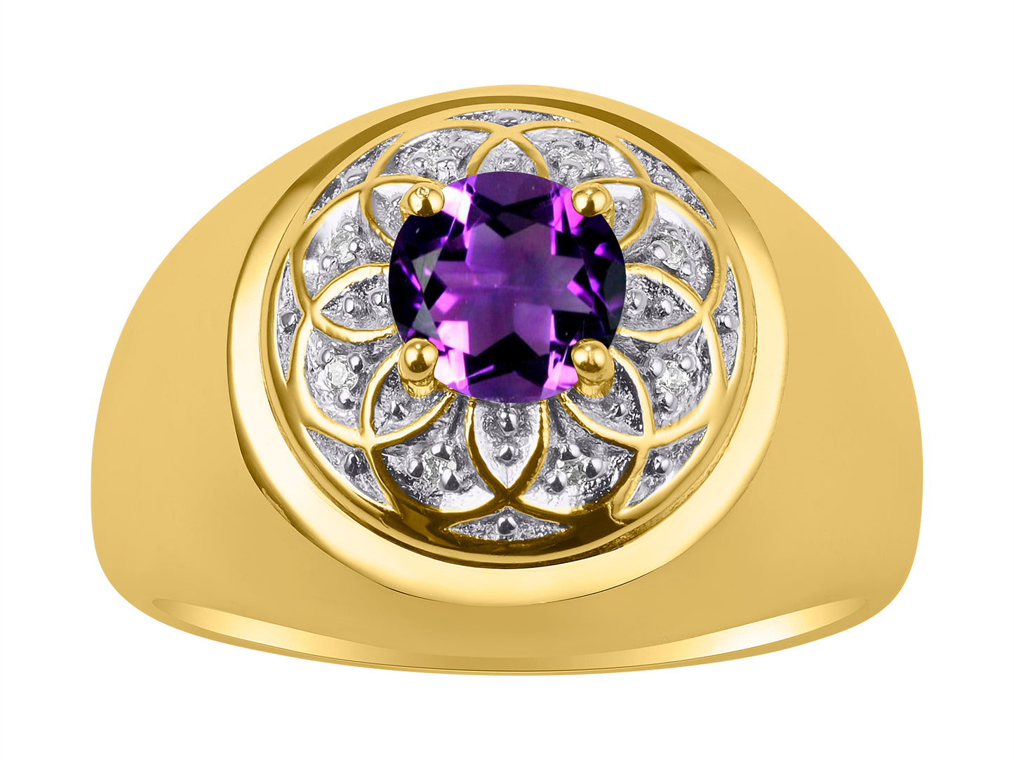 RYLOS Men's Designer Gypsy Ring; 7MM Round Gemstone & Diamond Birthstone Rings in Sizes 8-13 Yellow Gold Plated Silver