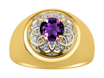RYLOS Men's Designer Gypsy Ring; 7MM Round Gemstone & Diamond Birthstone Rings in Sizes 8-13 Yellow Gold Plated Silver