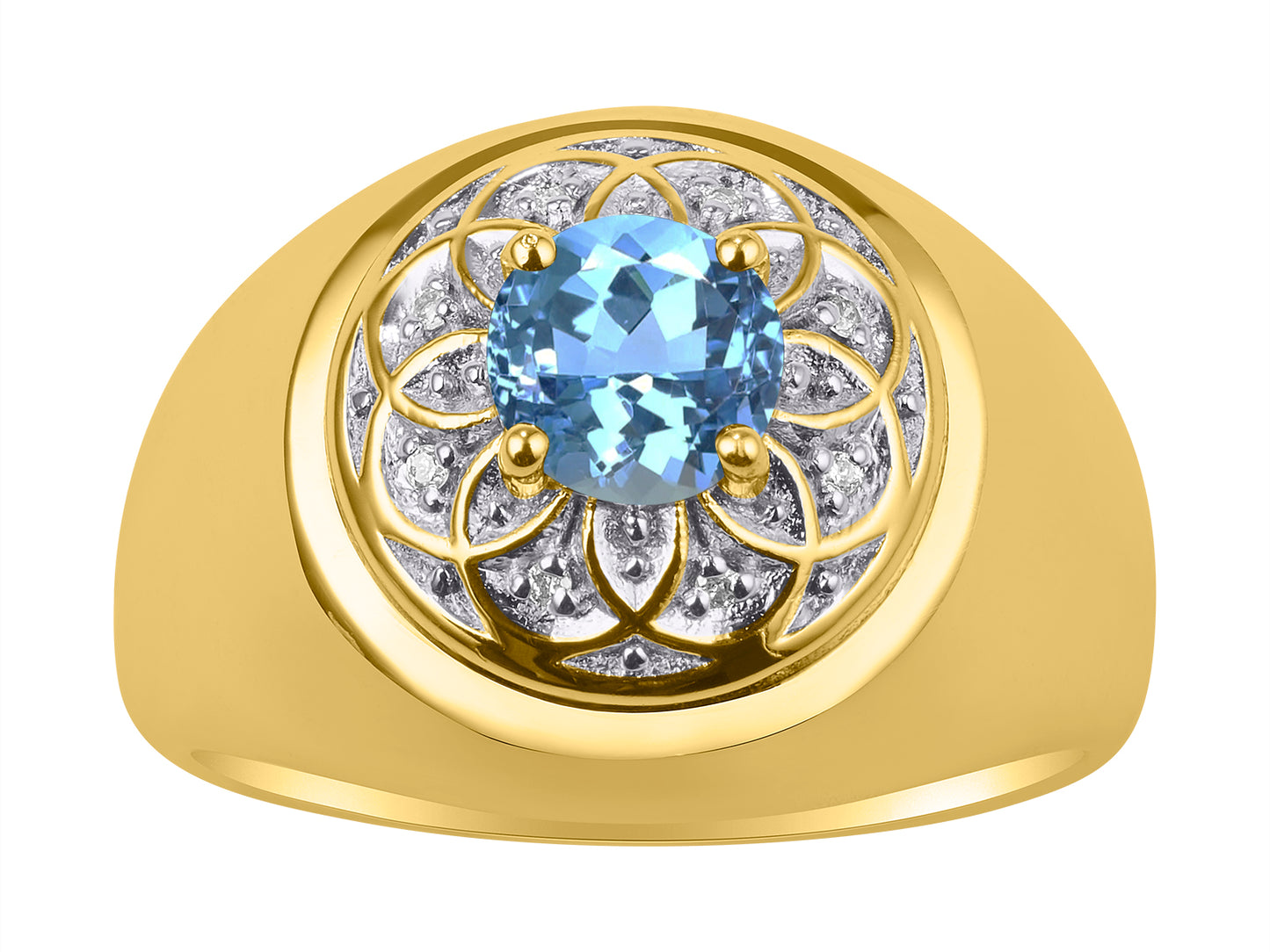 RYLOS Men's Designer Gypsy Ring; 7MM Round Gemstone & Diamond Birthstone Rings in Sizes 8-13 Yellow Gold Plated Silver