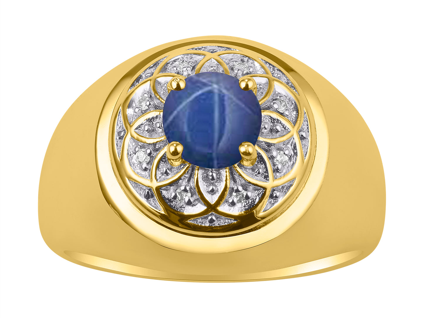 RYLOS Men's Designer Gypsy Ring; 7MM Round Gemstone & Diamond Birthstone Rings in Sizes 8-13 Yellow Gold Plated Silver