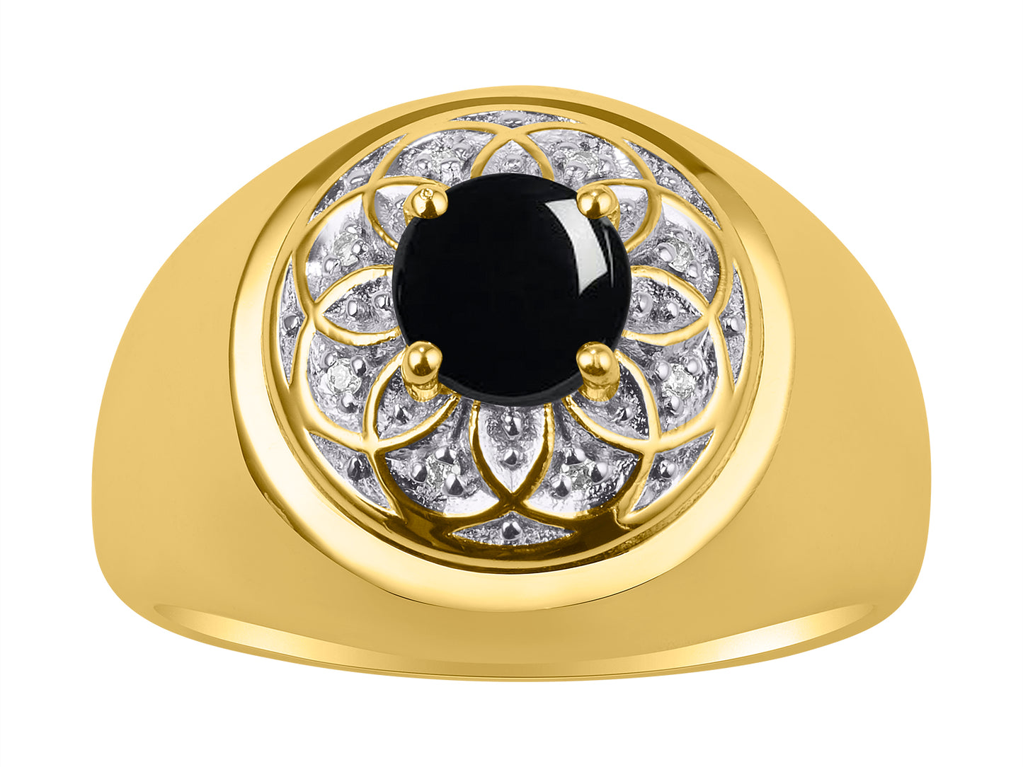 RYLOS Men's Designer Gypsy Ring; 7MM Round Gemstone & Diamond Birthstone Rings in Sizes 8-13 Yellow Gold Plated Silver