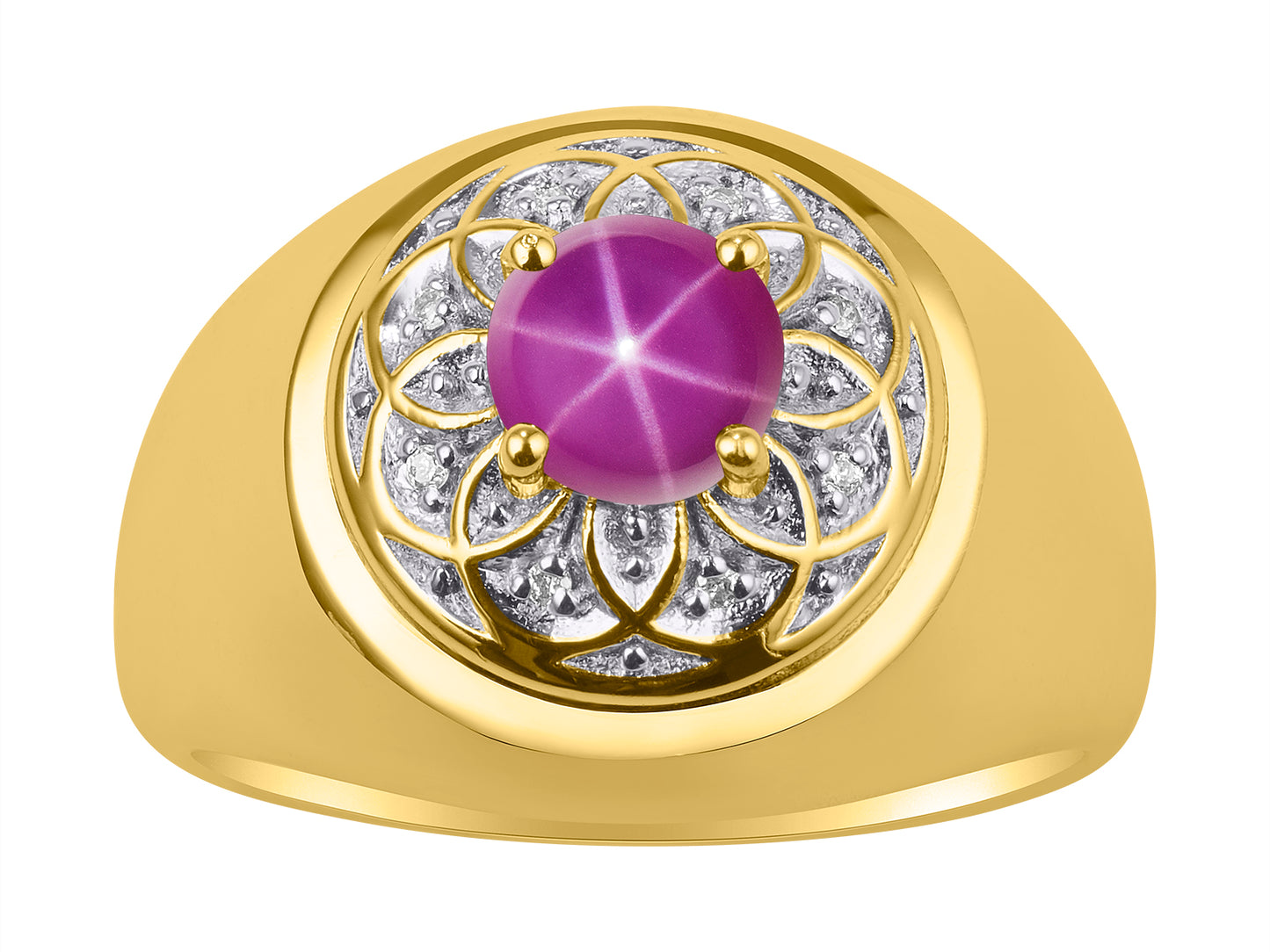 RYLOS Men's Designer Gypsy Ring; 7MM Round Gemstone & Diamond Birthstone Rings in Sizes 8-13 Yellow Gold Plated Silver