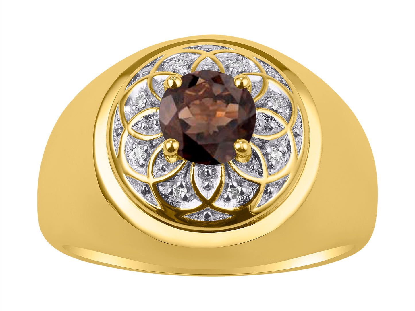 RYLOS Men's Designer Gypsy Ring; 7MM Round Gemstone & Diamond Birthstone Rings in Sizes 8-13 Yellow Gold Plated Silver