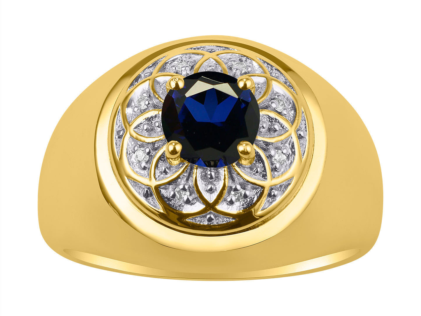 RYLOS Men's Designer Gypsy Ring; 7MM Round Gemstone & Diamond Birthstone Rings in Sizes 8-13 Yellow Gold Plated Silver