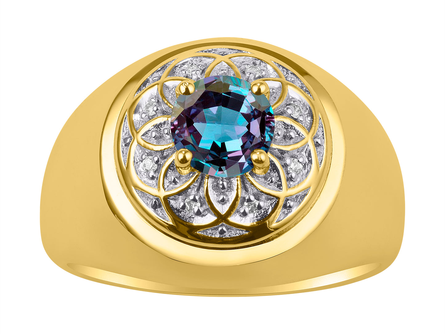 RYLOS Men's Designer Gypsy Ring; 7MM Round Gemstone & Diamond Birthstone Rings in Sizes 8-13 Yellow Gold Plated Silver