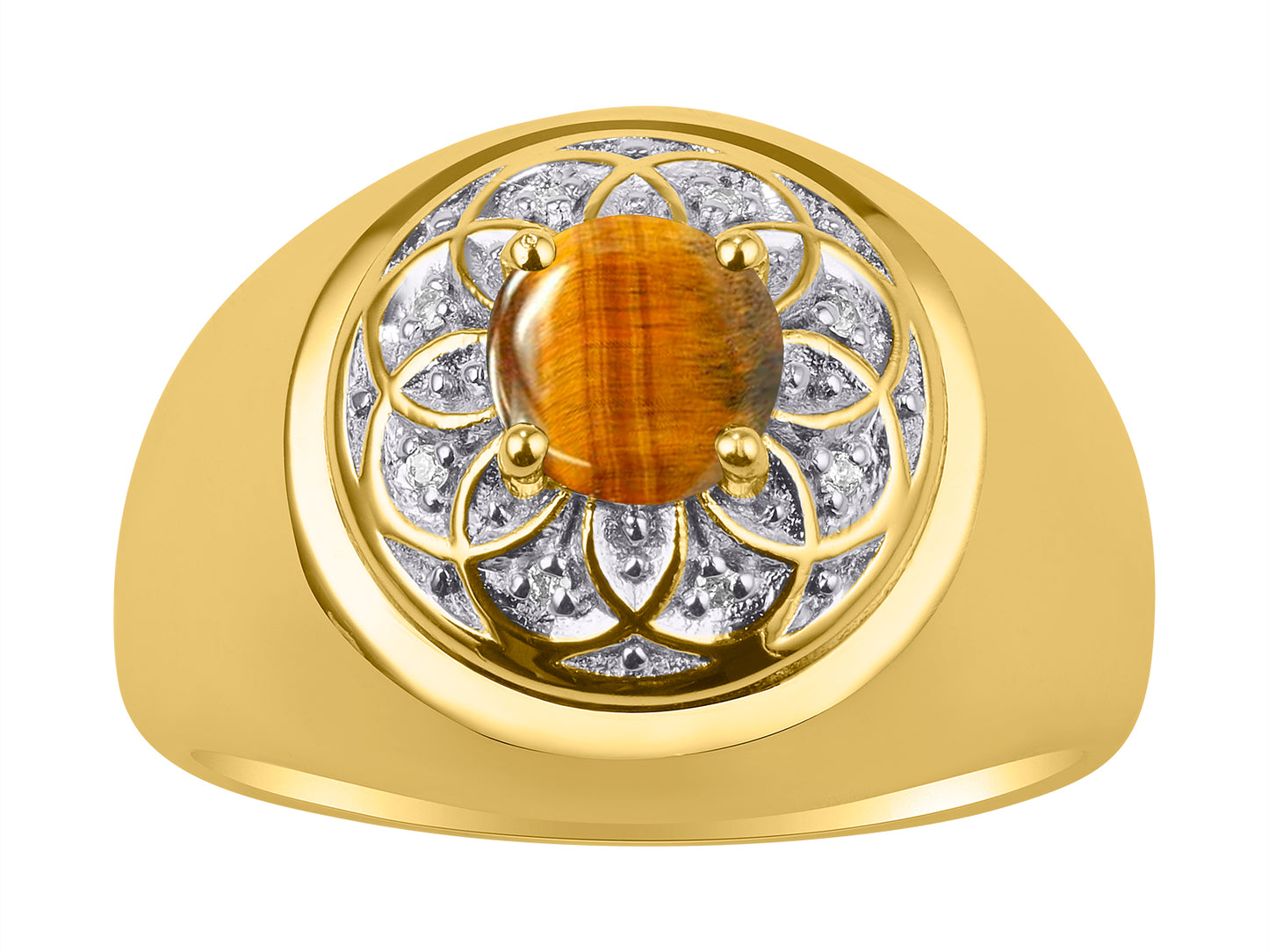 RYLOS Men's Designer Gypsy Ring; 7MM Round Gemstone & Diamond Birthstone Rings in Sizes 8-13 Yellow Gold Plated Silver