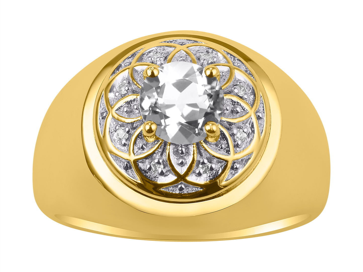 RYLOS Men's Designer Gypsy Ring; 7MM Round Gemstone & Diamond Birthstone Rings in Sizes 8-13 Yellow Gold Plated Silver