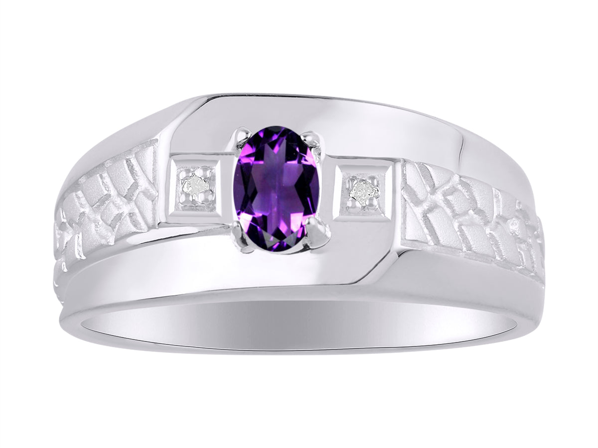 RYLOS Men's Classic Nugget Ring with 6x4MM Oval Gemstone &  Diamond Birthstone Rings in Sizes 8-13 Sterling Silver