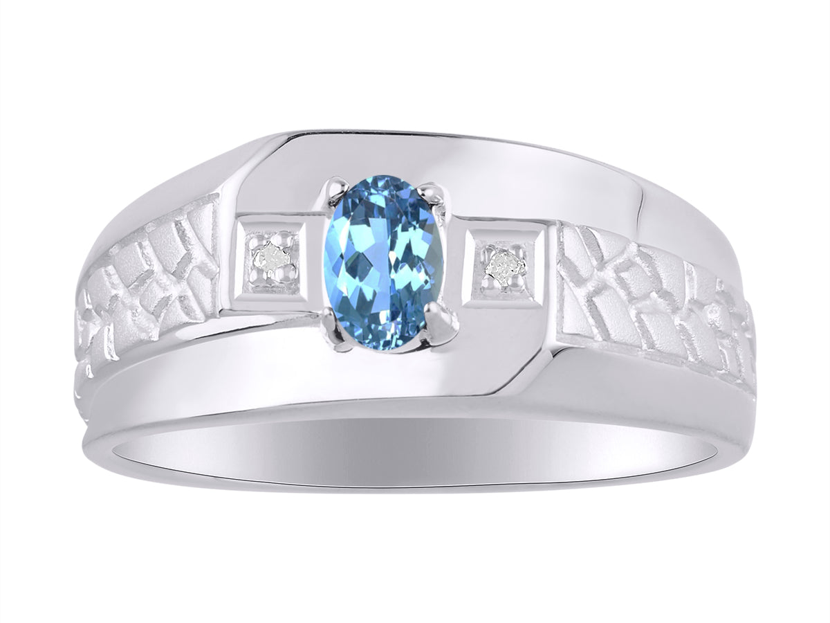 RYLOS Men's 14K White Gold Classic Nugget Ring with 6x4MM Oval Gemstone &  Diamond Birthstone Rings in Sizes 8-13