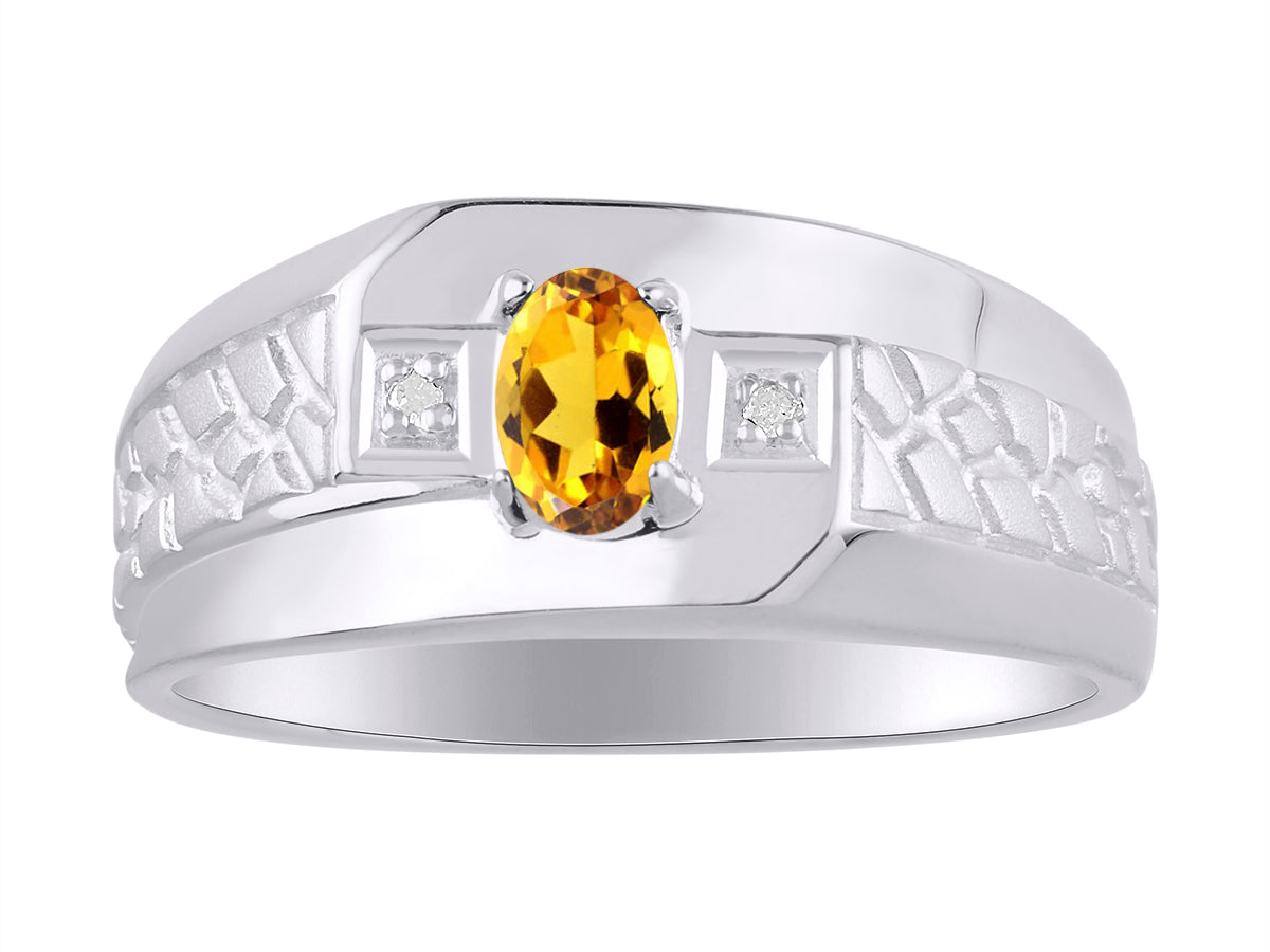 RYLOS Men's 14K White Gold Classic Nugget Ring with 6x4MM Oval Gemstone &  Diamond Birthstone Rings in Sizes 8-13