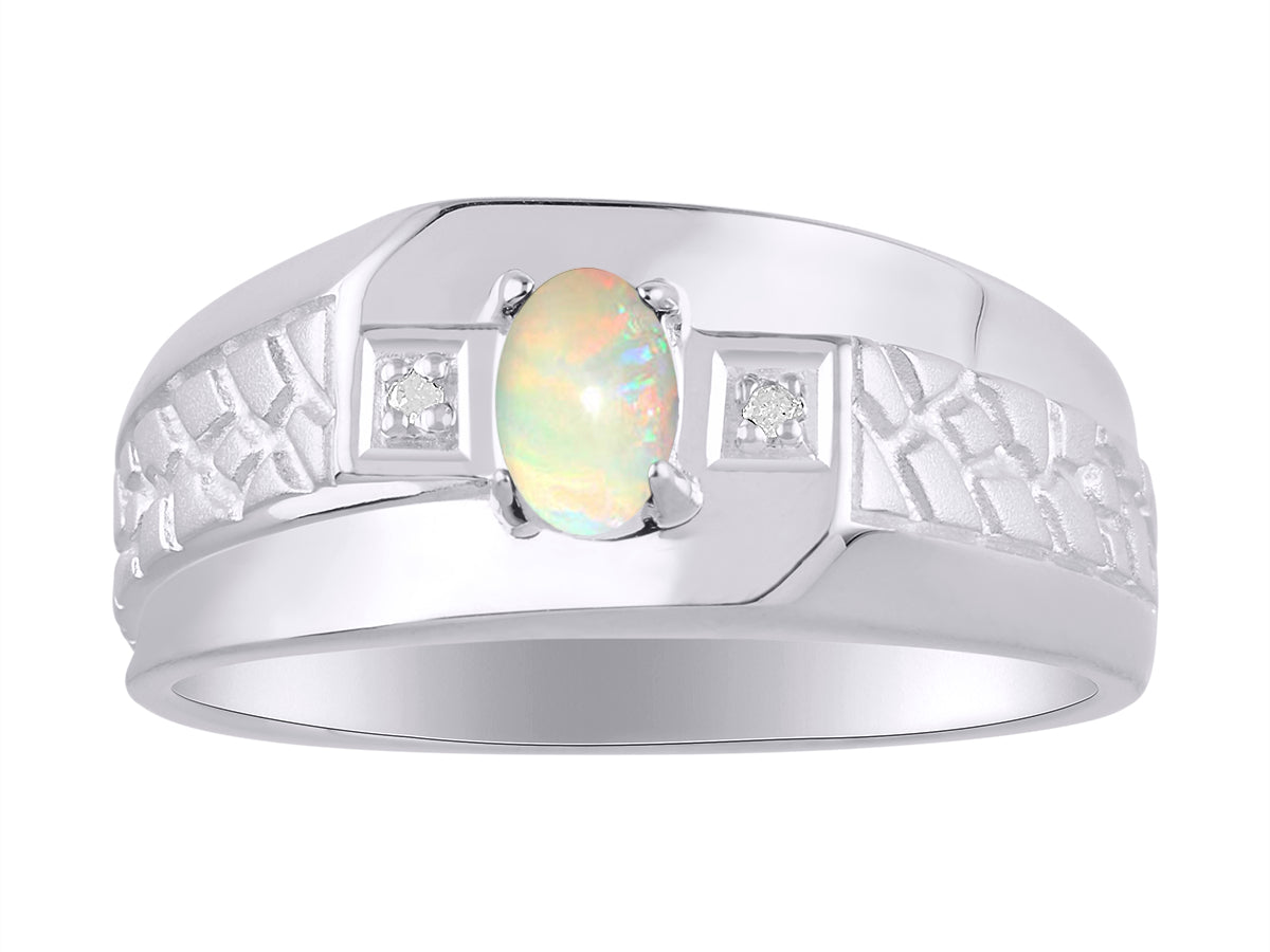 RYLOS Men's 14K White Gold Classic Nugget Ring with 6x4MM Oval Gemstone &  Diamond Birthstone Rings in Sizes 8-13