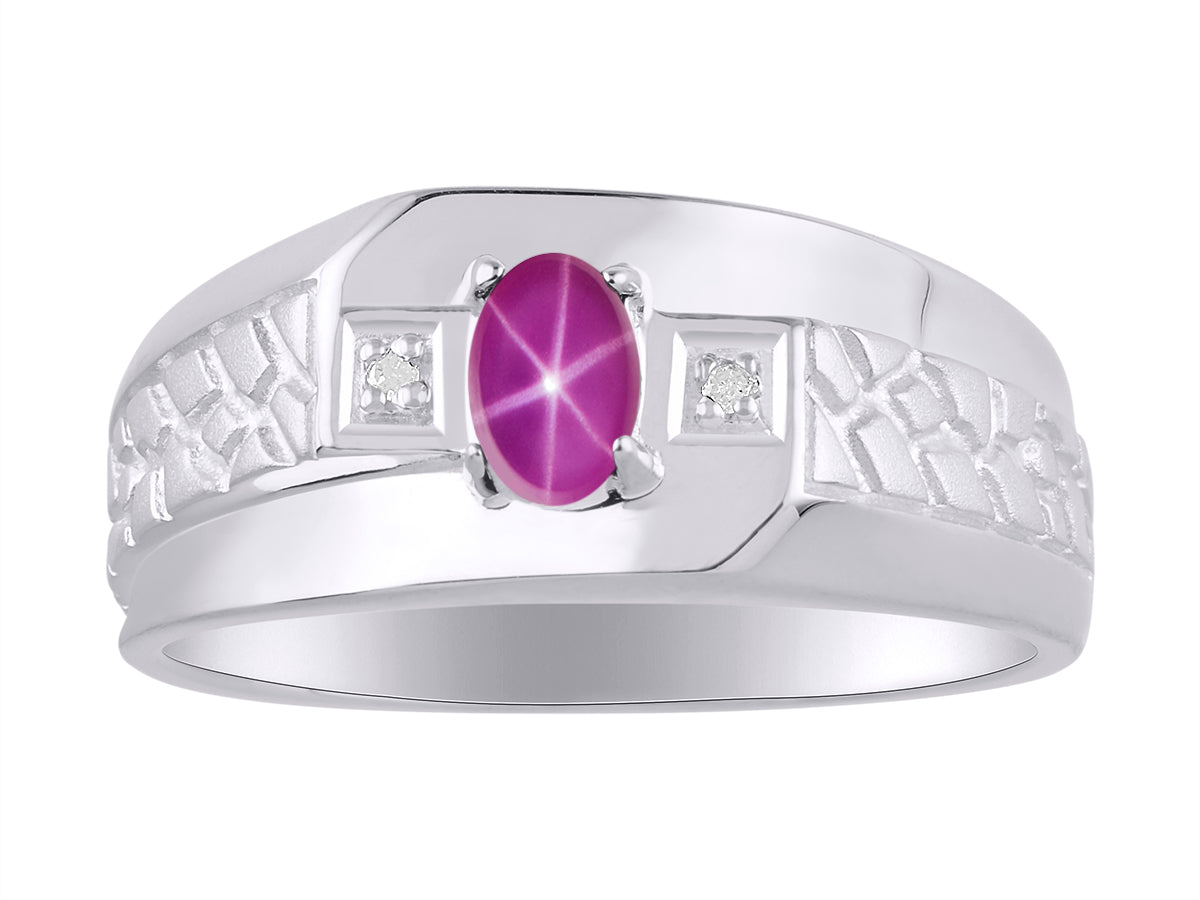 RYLOS Men's 14K White Gold Classic Nugget Ring with 6x4MM Oval Gemstone &  Diamond Birthstone Rings in Sizes 8-13