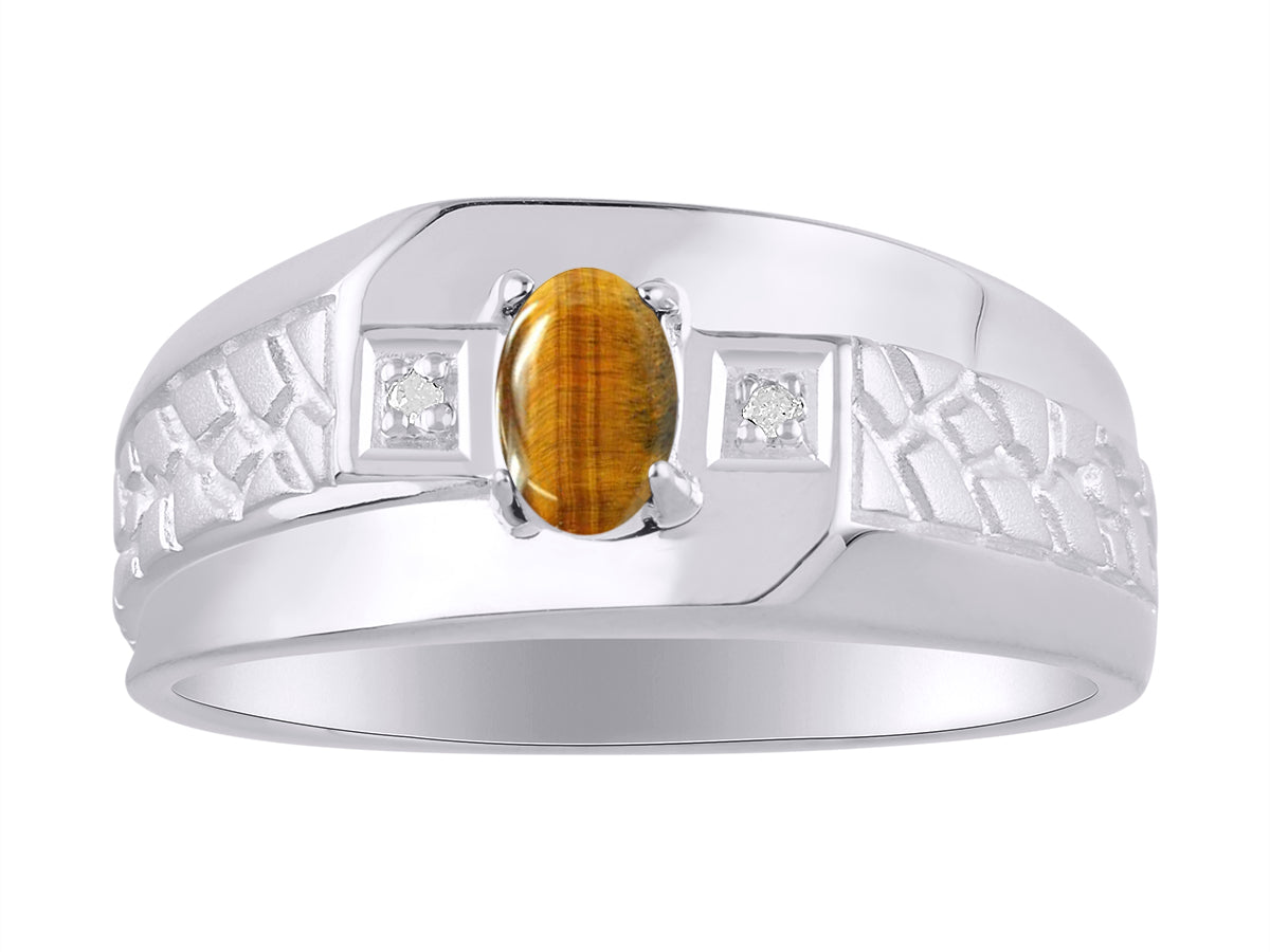 RYLOS Men's Classic Nugget Ring with 6x4MM Oval Gemstone &  Diamond Birthstone Rings in Sizes 8-13 Sterling Silver