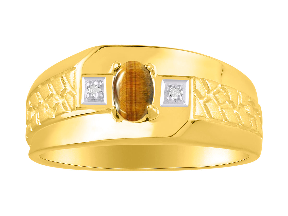 RYLOS Men's Classic Nugget Ring with 6x4MM Oval Gemstone &  Diamond Birthstone Rings in Sizes 8-13 Yellow Gold Plated Silver