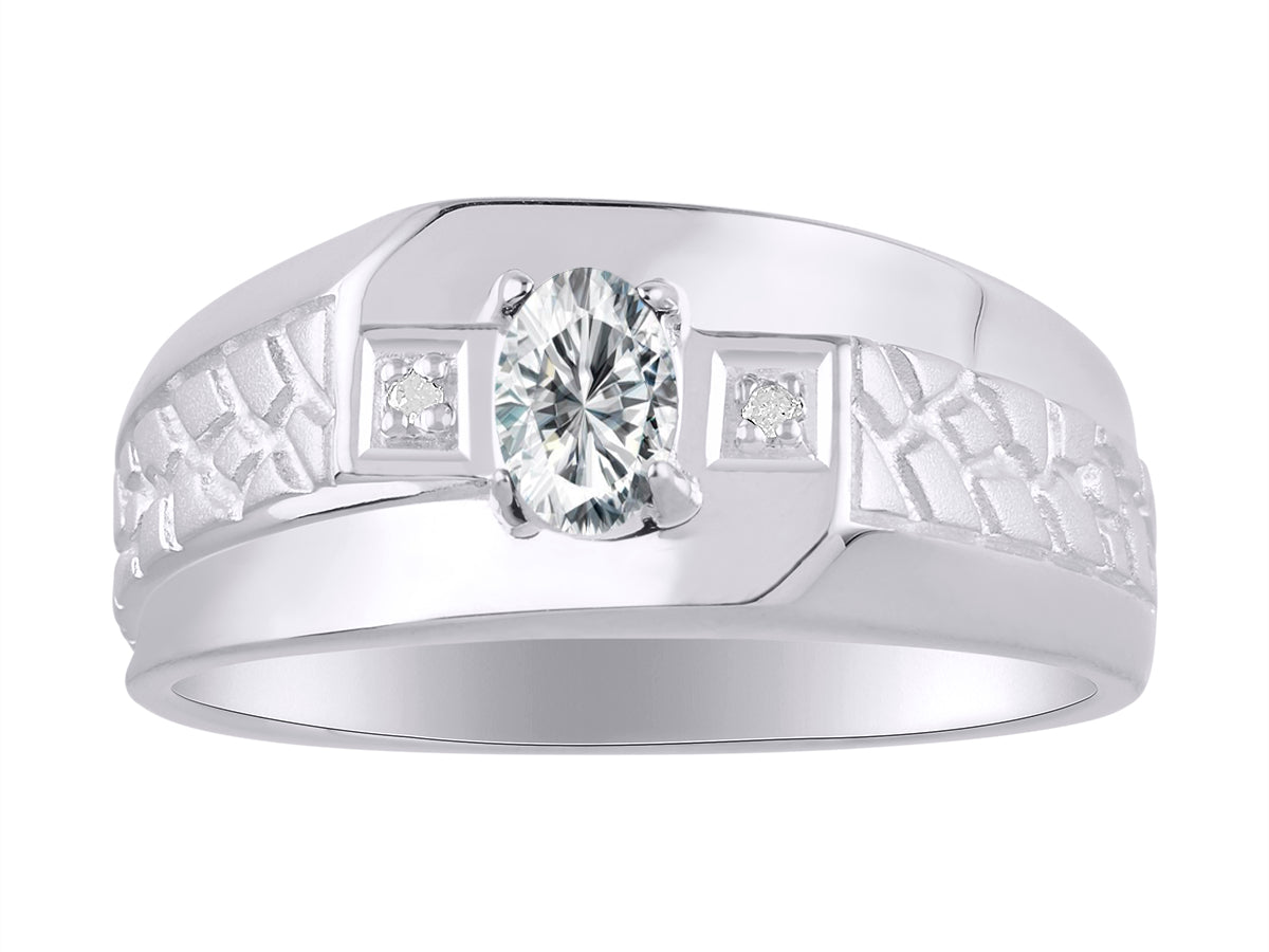 RYLOS Men's 14K White Gold Classic Nugget Ring with 6x4MM Oval Gemstone &  Diamond Birthstone Rings in Sizes 8-13