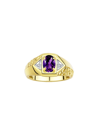 RYLOS Men's Yellow Gold Plated Silver Classic Designer Ring - 7X5MM Oval Gemstone & Sparkling Diamond - Birthstone Rings for Men - Available in Sizes 8 to 14