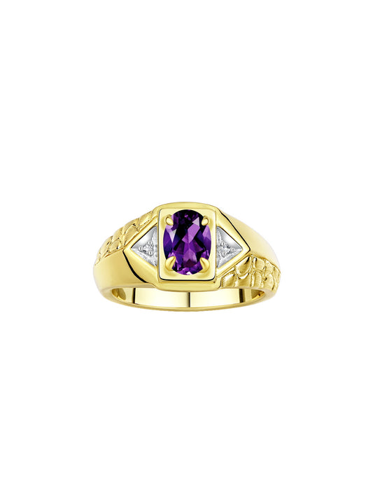 RYLOS Men's Yellow Gold Plated Silver Classic Designer Ring - 7X5MM Oval Gemstone & Sparkling Diamond - Birthstone Rings for Men - Available in Sizes 8 to 14