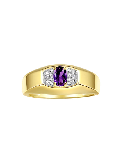 RYLOS Men's Yellow Gold Plated Silver Classic Designer Ring - 6X4MM Oval Gemstone & Sparkling Diamond - Birthstone Rings for Men - Available in Sizes 8 to 13