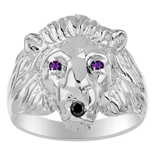 RYLOS Men's 14K White Gold Lion Head Ring with Black Diamond Mouth & Gemstone Eyes – Fun Designer Rings in Sizes 6-13