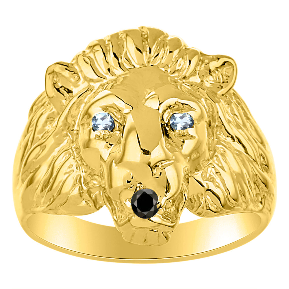 RYLOS Men's 14K Yellow Gold Lion Head Ring with Black Diamond Mouth & Gemstone Eyes – Fun Designer Rings in Sizes 6-13