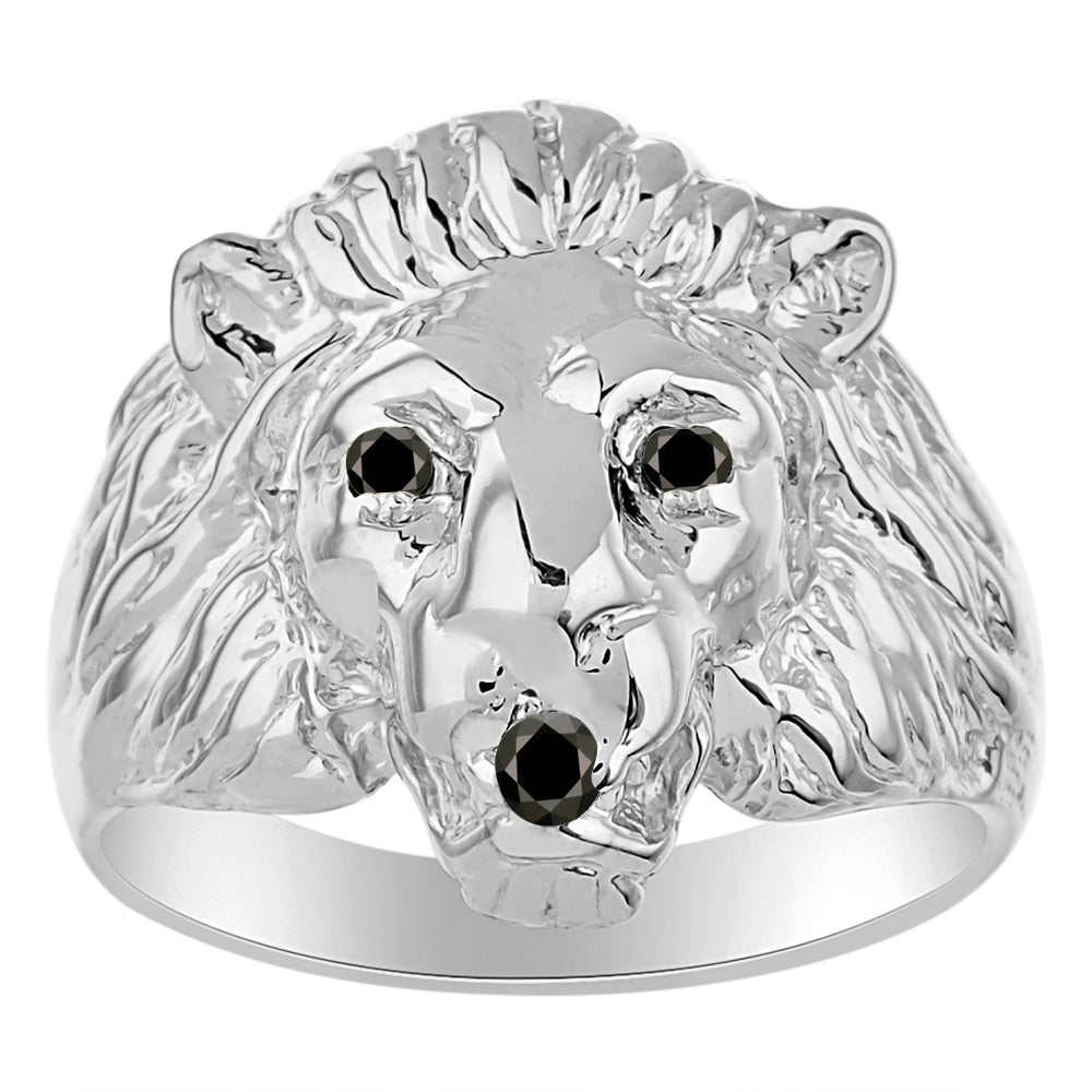 RYLOS Men's 14K White Gold Lion Head Ring with Black Diamond Eyes & Gemstone Mouth – Fun Designer Rings in Sizes 6-13