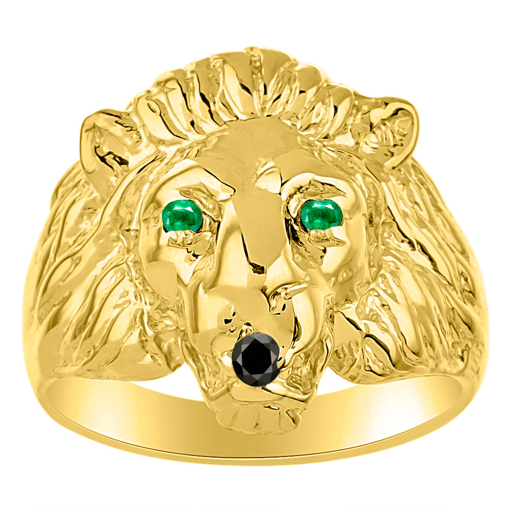 RYLOS Men's 14K Yellow Gold Lion Head Ring with Black Diamond Mouth & Gemstone Eyes – Fun Designer Rings in Sizes 6-13