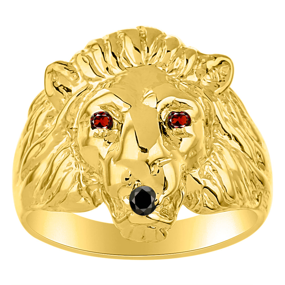 RYLOS Lion Head Ring Yellow Gold Plated Silver Gemstone Eyes & Black Diamond Mouth #1 in Mens Jewelry Sizes 8-13