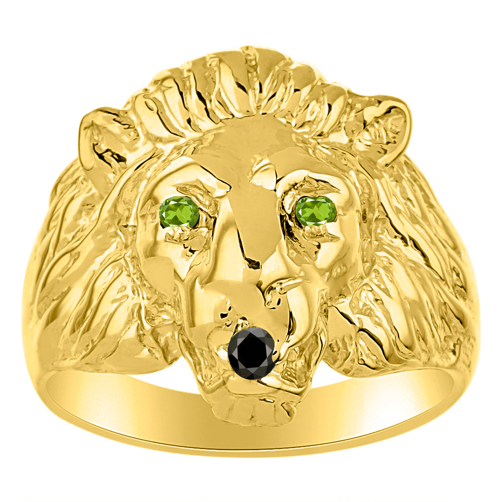 RYLOS Men's 14K Yellow Gold Lion Head Ring with Black Diamond Mouth & Gemstone Eyes – Fun Designer Rings in Sizes 6-13