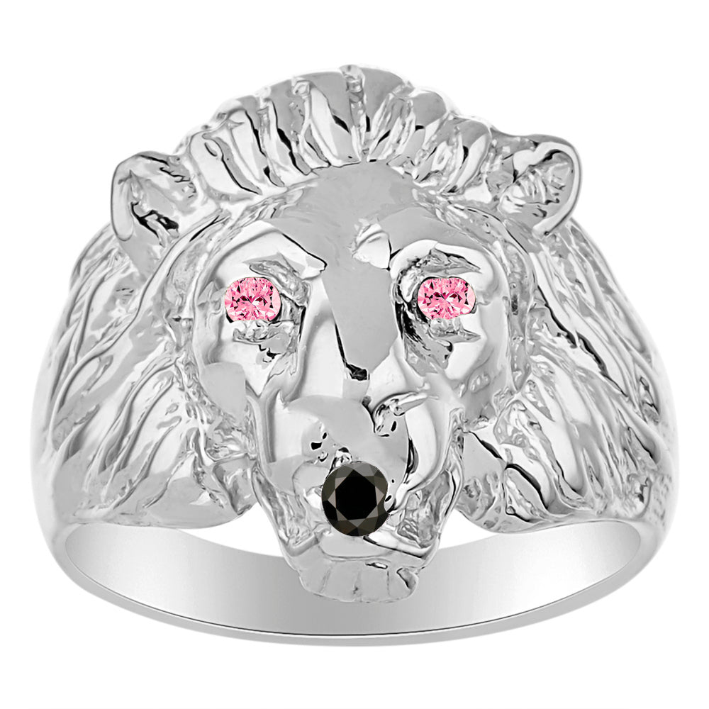 RYLOS Men's 14K White Gold Lion Head Ring with Black Diamond Mouth & Gemstone Eyes – Fun Designer Rings in Sizes 6-13