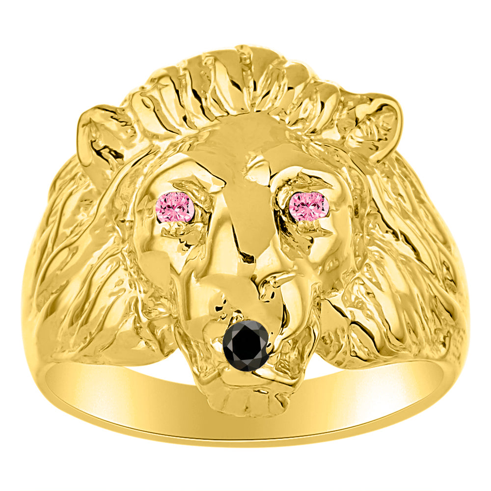 RYLOS Men's 14K Yellow Gold Lion Head Ring with Black Diamond Mouth & Gemstone Eyes – Fun Designer Rings in Sizes 6-13